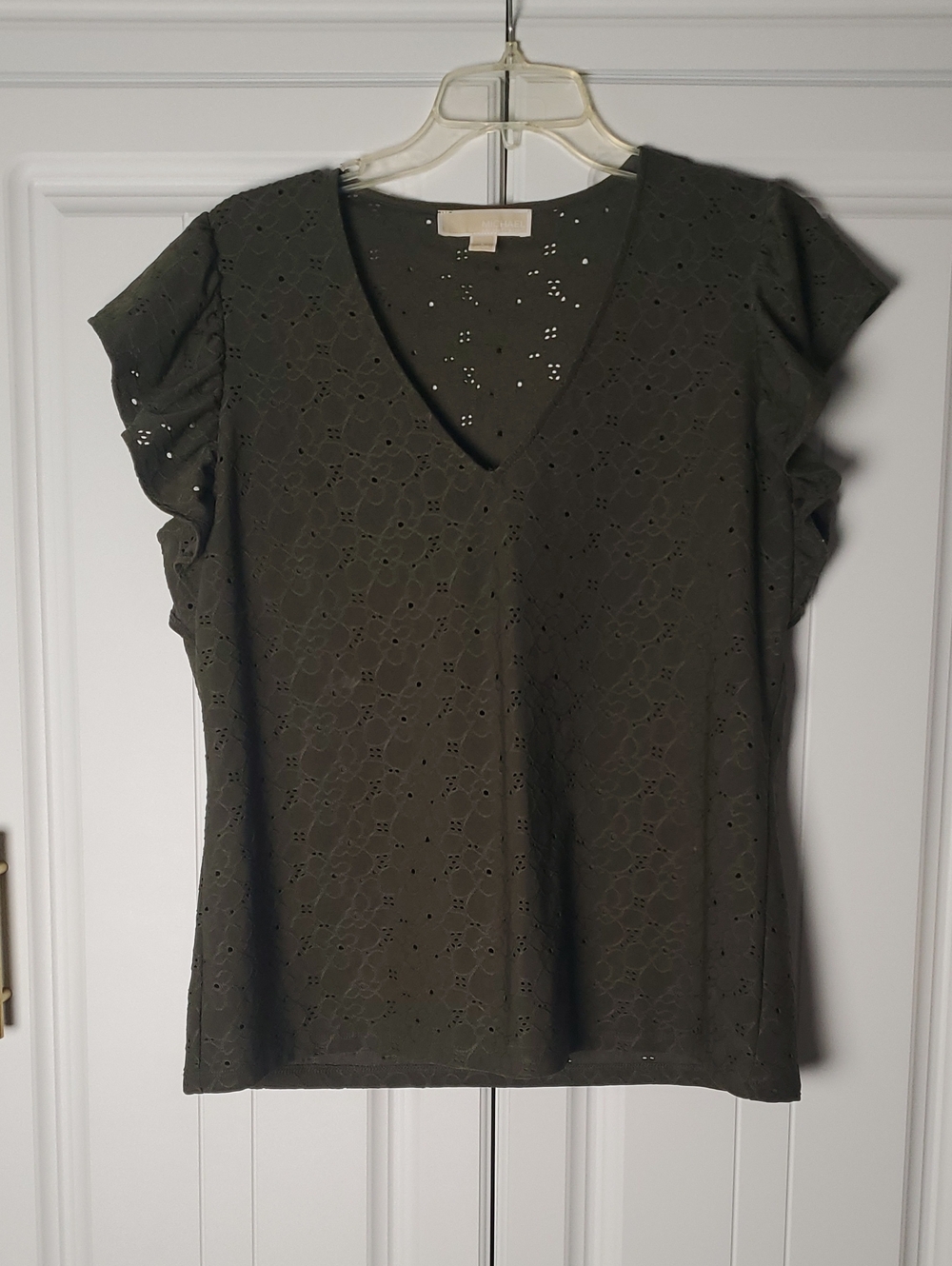 Michael Kors Olive Eyelet V-Neck Flutter Sleeve Top